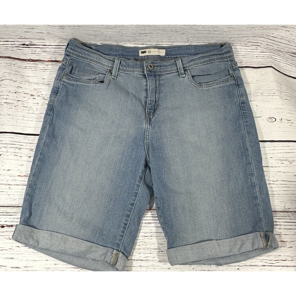 Levis Womens Jean Shorts Size 14 Light Blue Denim Cuffed Hem Longer 10” Length